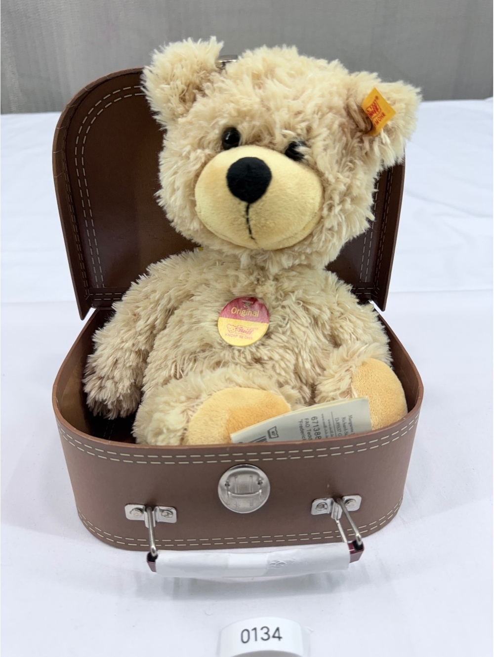 Steiff Original Beige Plush Teddy Bear with Signature Tag and Brown Carrying Box